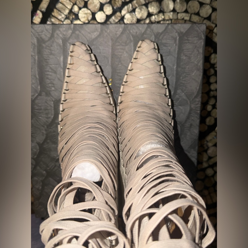 Azalea Wang “Sniper” Croc-Embossed Lace-Up Stiletto Boot in Beige - Picture 10 of 11